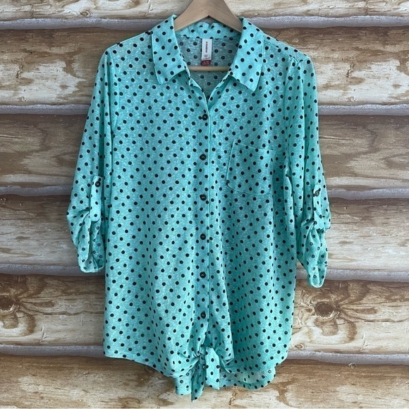 Polkadot semi sheer button front waist tie top XL (Juniors 15-17) - Picture 2 of 10